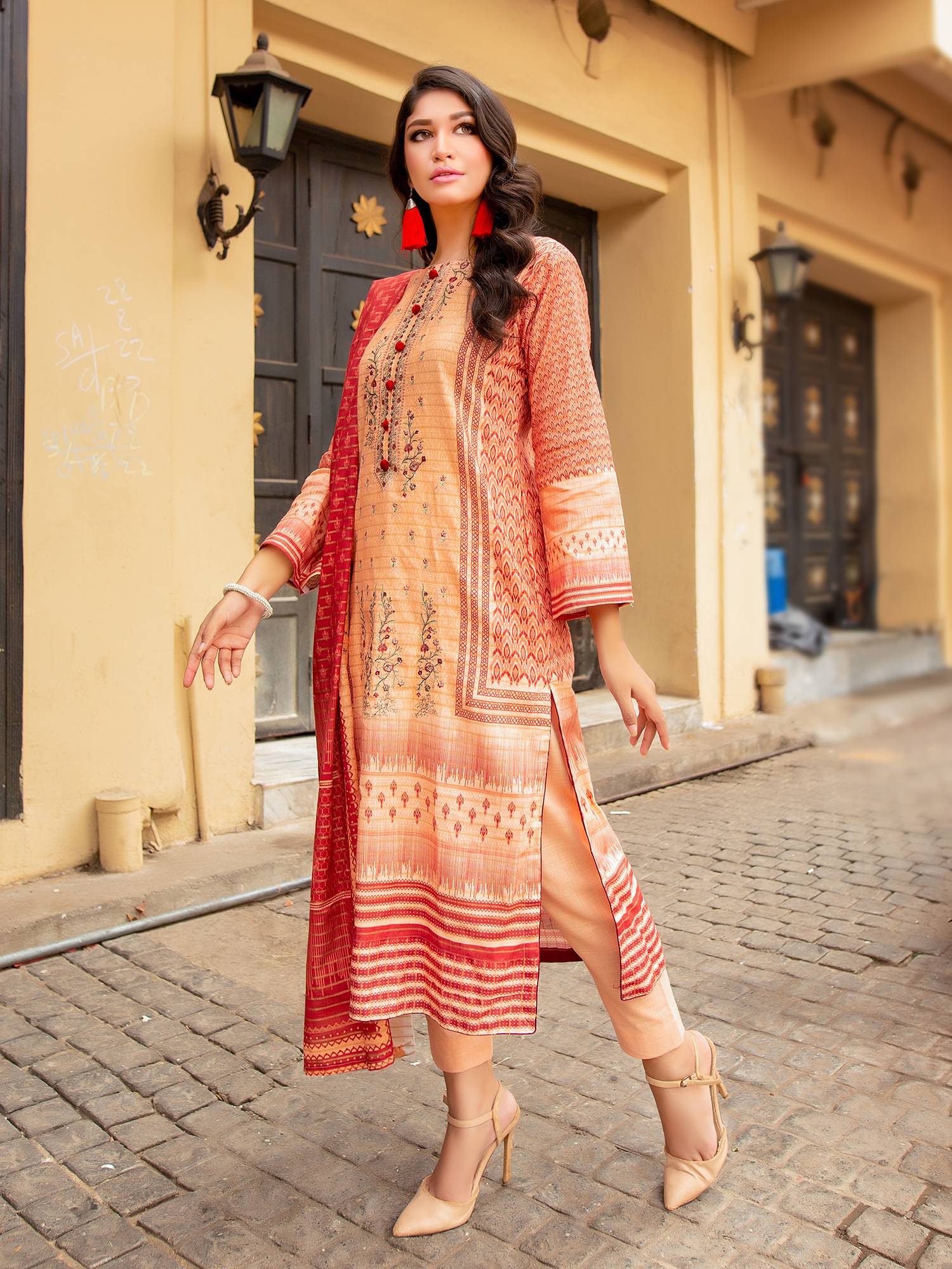 Orange & Brown Printed Kurta