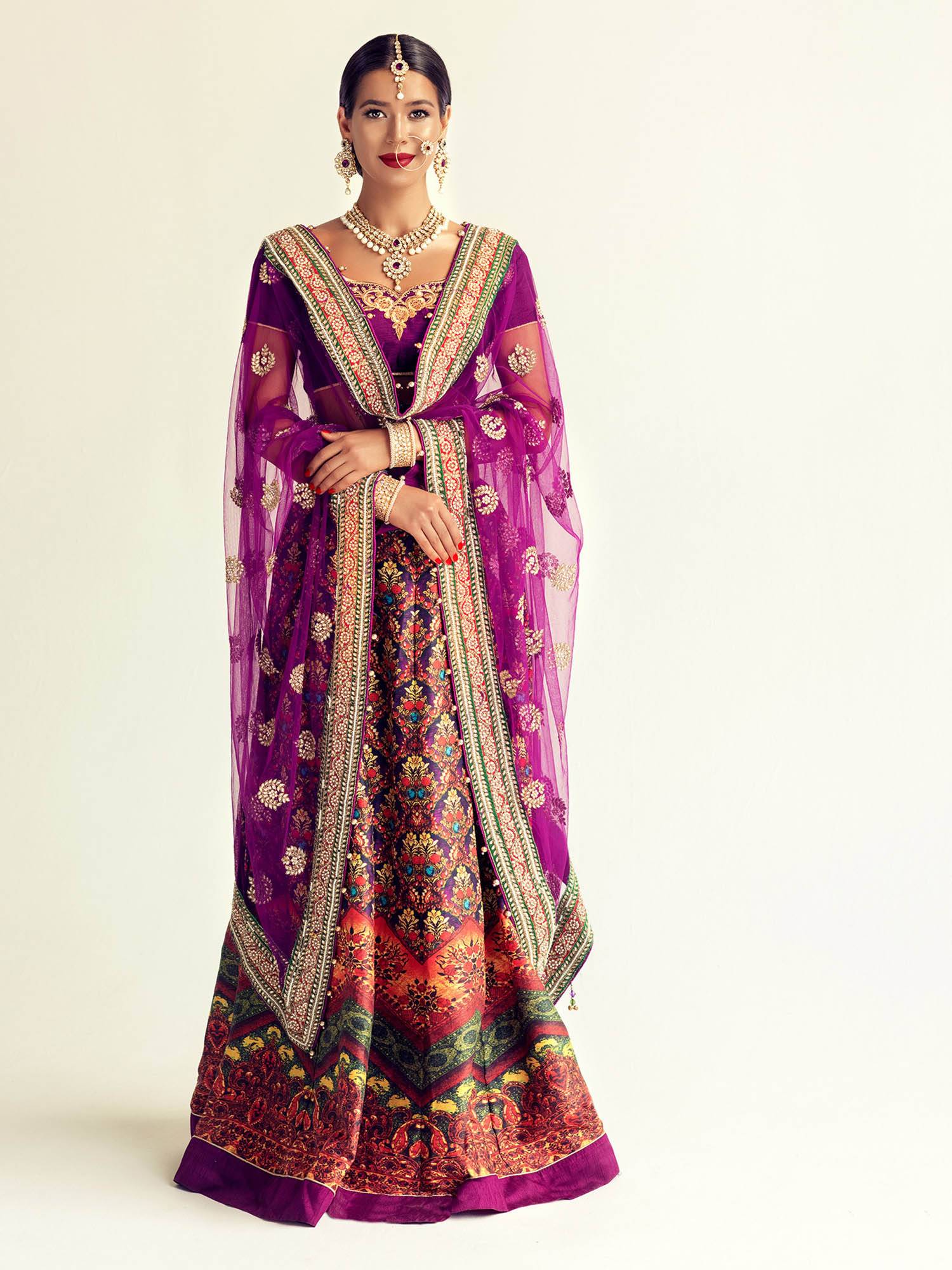 Wedding Look Silk Fabric Purple Lehenga